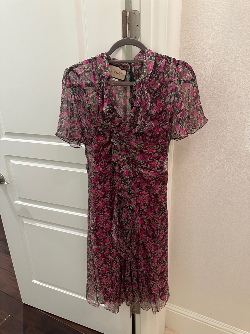 Gucci Sheer Floral Midi Dress in Pink and Green